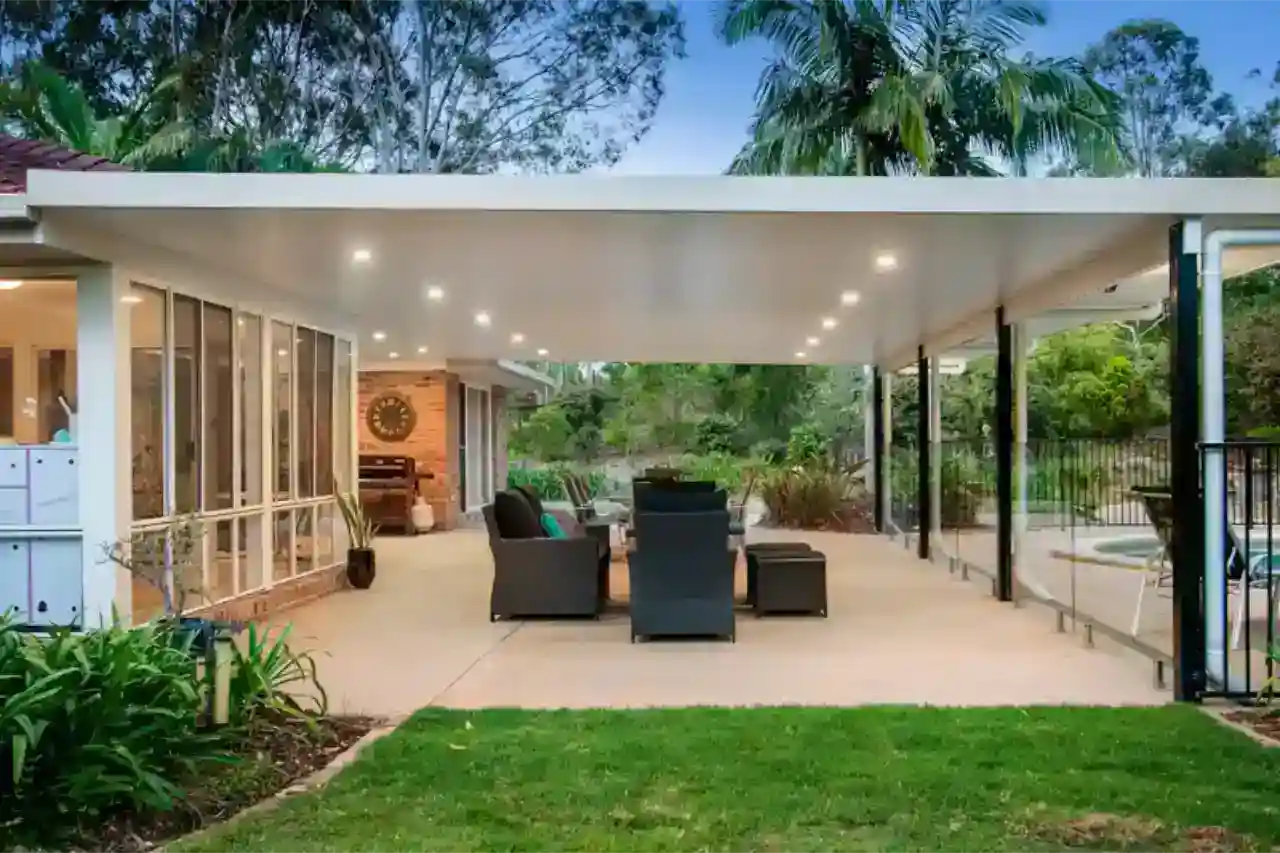 Insulated poolside Patio designed and constructed by the Trueline Brisbane team, measuring in at 12m wide, 9m long